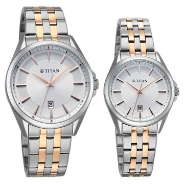 Titan Modern Bandhan Pair Analog with White Dial Dual Tone Rose Gold Stainless Steel Strap Watch for Couples