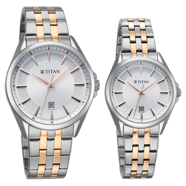 Titan Modern Bandhan Pair Analog with White Dial Dual Tone Rose Gold Stainless Steel Strap Watch for Couples - image number 1
