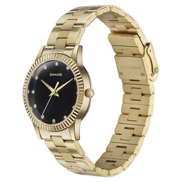Sonata Glam Gold Quartz Analog Black Dial Stainless Steel Strap Watch For Women