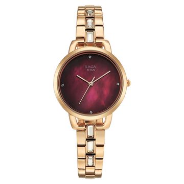 Titan Raga Glimmers Quartz Analog Red Mother of Pearl Dial Rose Gold Metal Strap Watch For Women