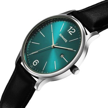 Sonata Aspire Quartz Analog with Date Green Dial Leather Strap Watch For Men
