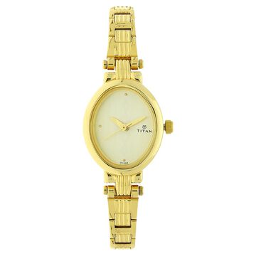 Titan Quartz Analog Champagne Dial Watch For WomenWith Golden Stainless Steel Strap