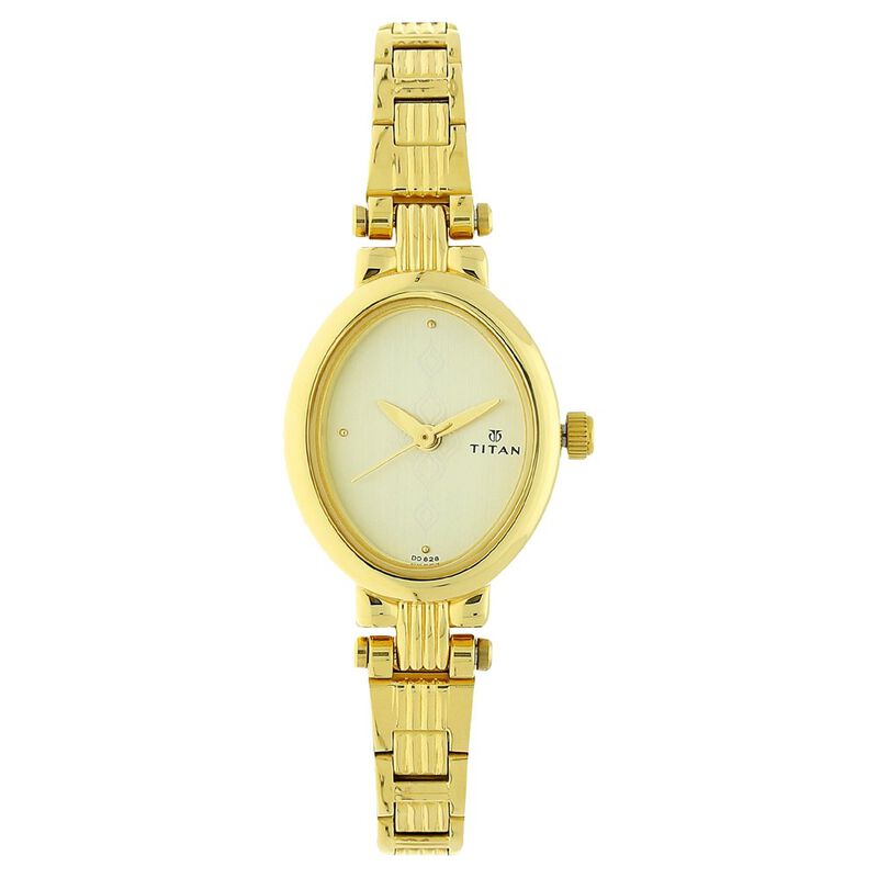 Titan Quartz Analog Champagne Dial Watch For WomenWith Golden Stainless Steel Strap