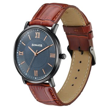 Sonata Verve Quartz Analog Black Dial Brown Leather Strap Watch For Men