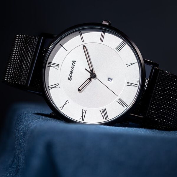 Sonata Quartz Analog with Date Silver Dial Black Stainless Steel Strap Watch For Men - image number 0