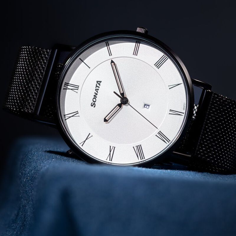Sonata Quartz Analog with Date Silver Dial Black Stainless Steel Strap Watch For Men