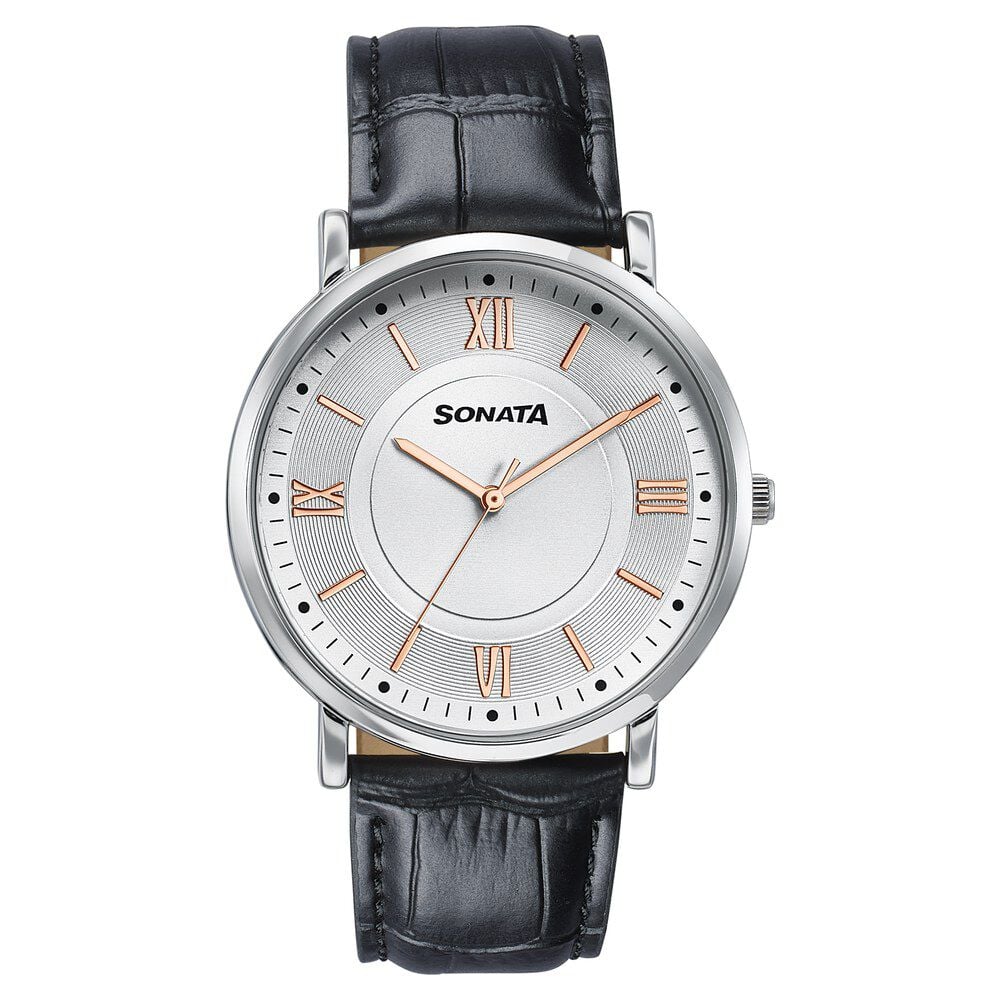 Sonata Verve Quartz Analog Silver Dial Black Leather Strap Watch For Men-image-35