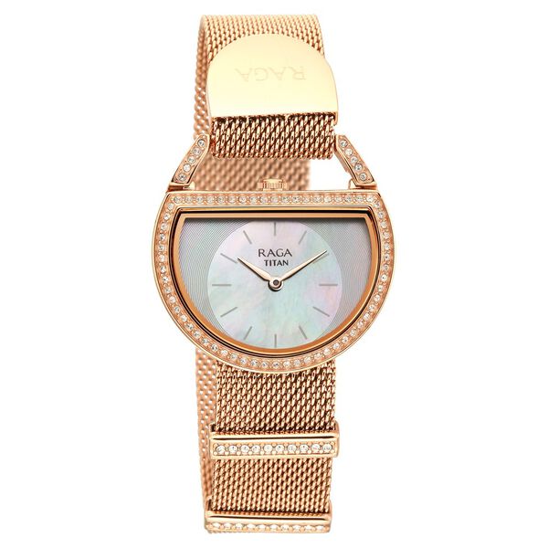Titan Raga Unlocked Quartz Analog Mother Of Pearl Dial Rose Gold Stainless Steel Strap Watch For Women - image number 1