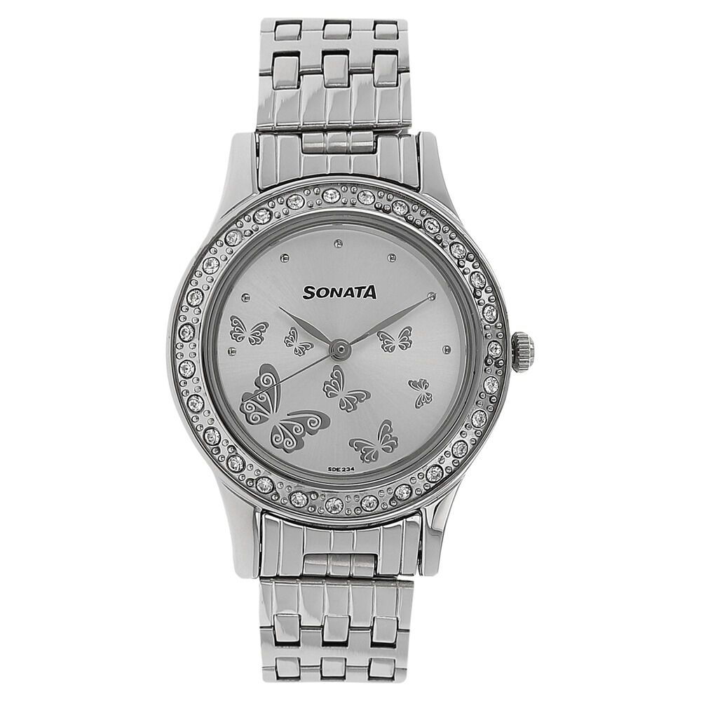 Buy Online Sonata Quartz Analog Silver Dial Stainless Steel Strap Watch for Women nn8123sm01 Titan