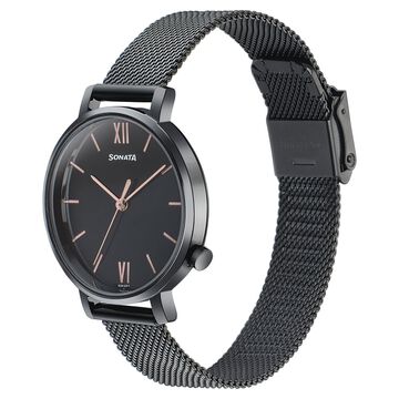 Sonata Elegent Essentials Quartz Analog Black Dial Stainless Steel Strap Watch For Women