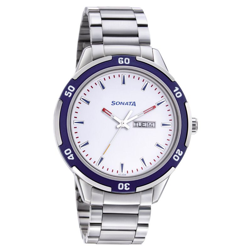 Sonata Quartz Analog with Day and Date White Dial Metal Strap Watch for Men