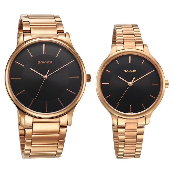 Sonata Pair Quartz Analog Black Dial Stainless Steel Strap Watch for Couple - image number 0