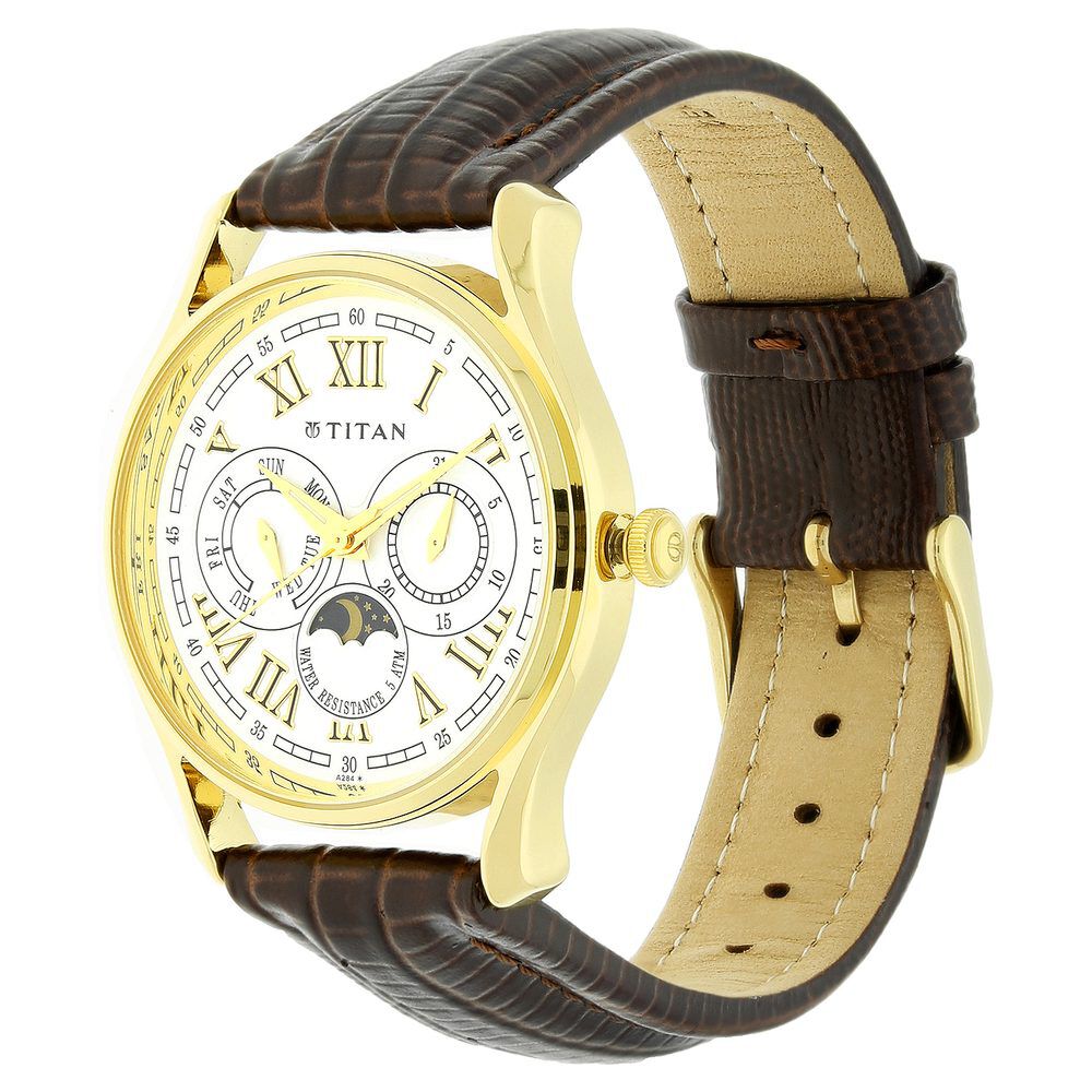 Titan Quartz Multifunction White Dial Leather Strap Watch for Men