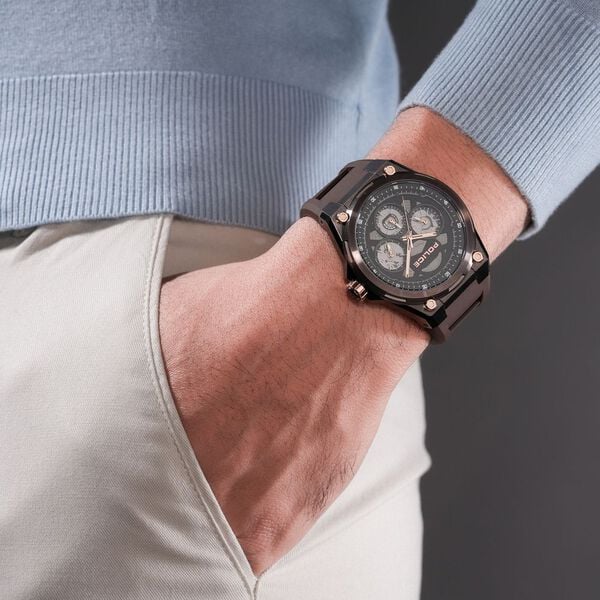 Police Quartz Multifunction Black Dial Brown Silicone Strap Watch For Men - image number 4