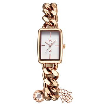 Fastrack Vyb Prodigy Quartz Analog White Dial Rose Gold Color Metal Strap Watch For Girls