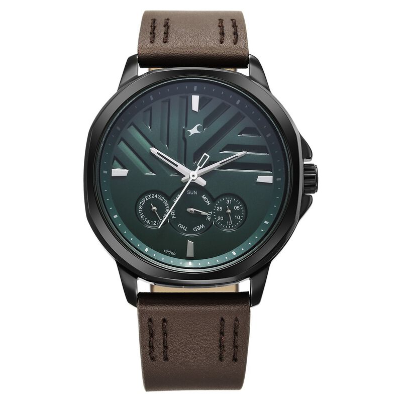 Fastrack Fleek Quartz Multifunction Green Dial Leather Strap Watch for Guys