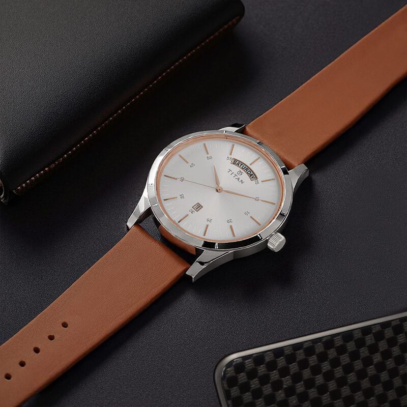 Titan On Trend White Dial Analog with Day and Date Leather Strap watch for Men
