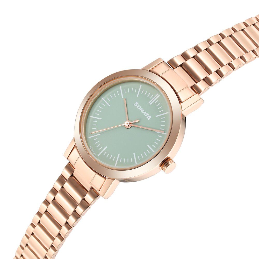 Buy Online Sonata Ladies Essentials Green Dial Stainless Steel Strap Watch for Women ns8174wm04 Titan