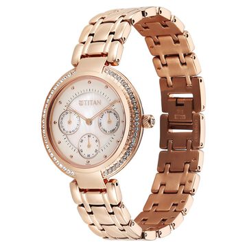 Titan Purple Eternal Quartz Analog Off White Dial Rose Gold Metal Strap Watch For Women