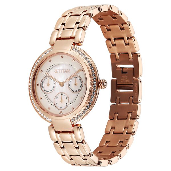 Titan Purple Eternal Quartz Analog Off White Dial Rose Gold Metal Strap Watch For Women - image number 2