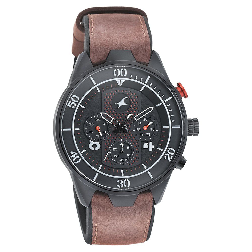 Buy Online Fastrack All Nighters Quartz Multifunction Black Dial Leather Strap Watch for Guys ns3195ap01 Titan