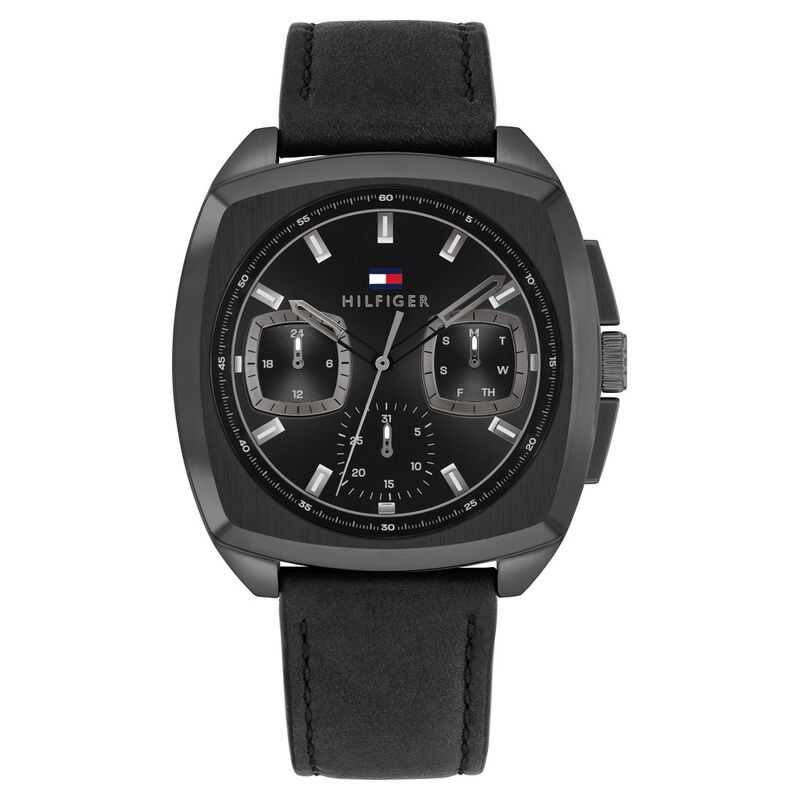 Tommy Hilfiger Multifunction Black Dial Black Leather Strap Watch For Men