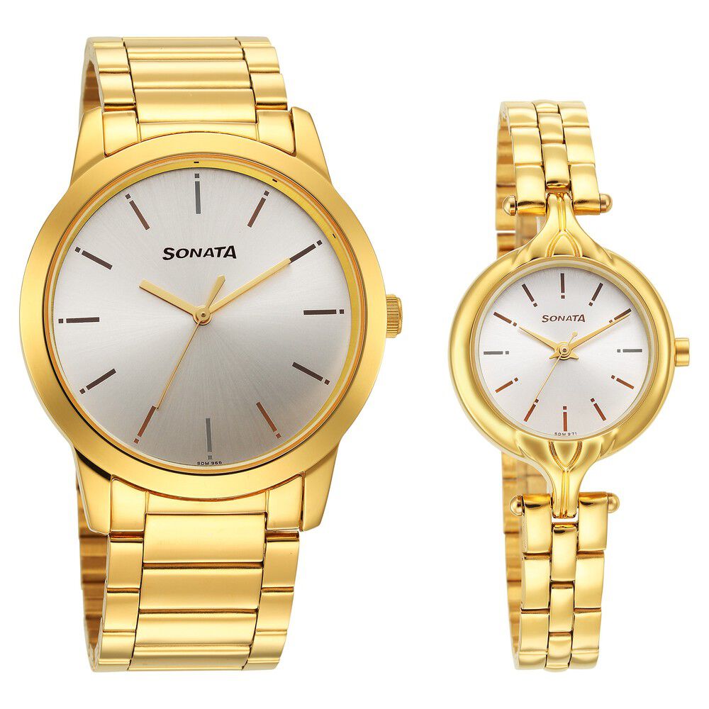 Buy Online Sonata Quartz Analog Silver Dial Stainless Steel Strap Watch for Couple ns7712587040ym01p Titan