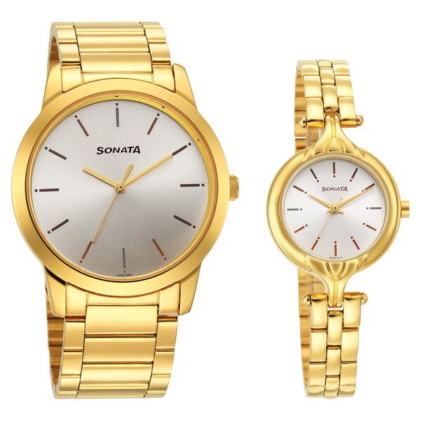 Sonata Quartz Analog Silver Dial Stainless Steel Strap Watch for Couple - image number 0