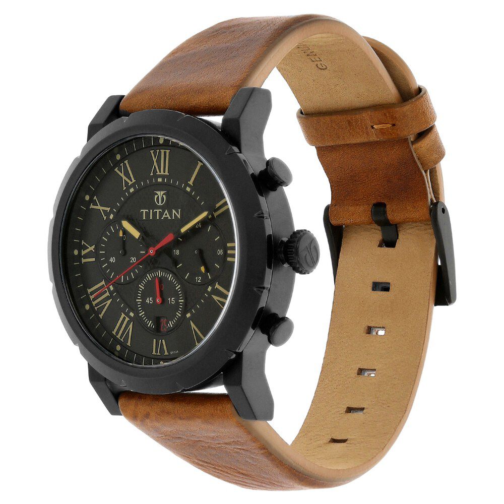 Buy Online Titan Quartz Analog with Date Black Dial Leather Strap