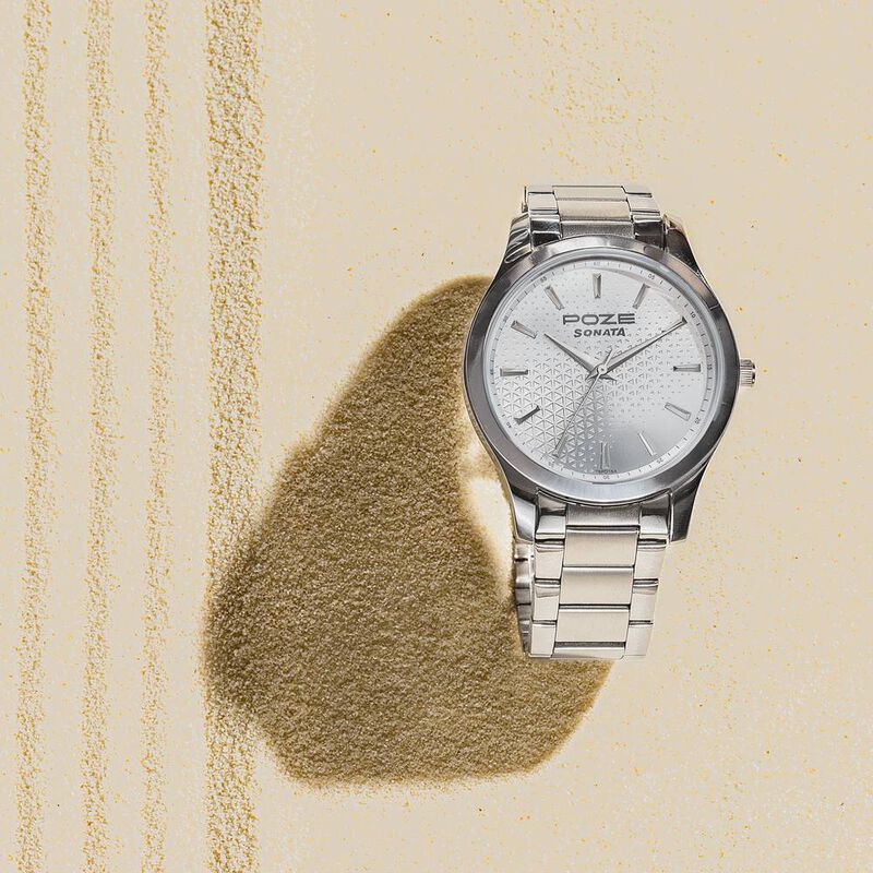 Sonata Poze Quartz Analog Silver Dial Metal Strap Watch For Men