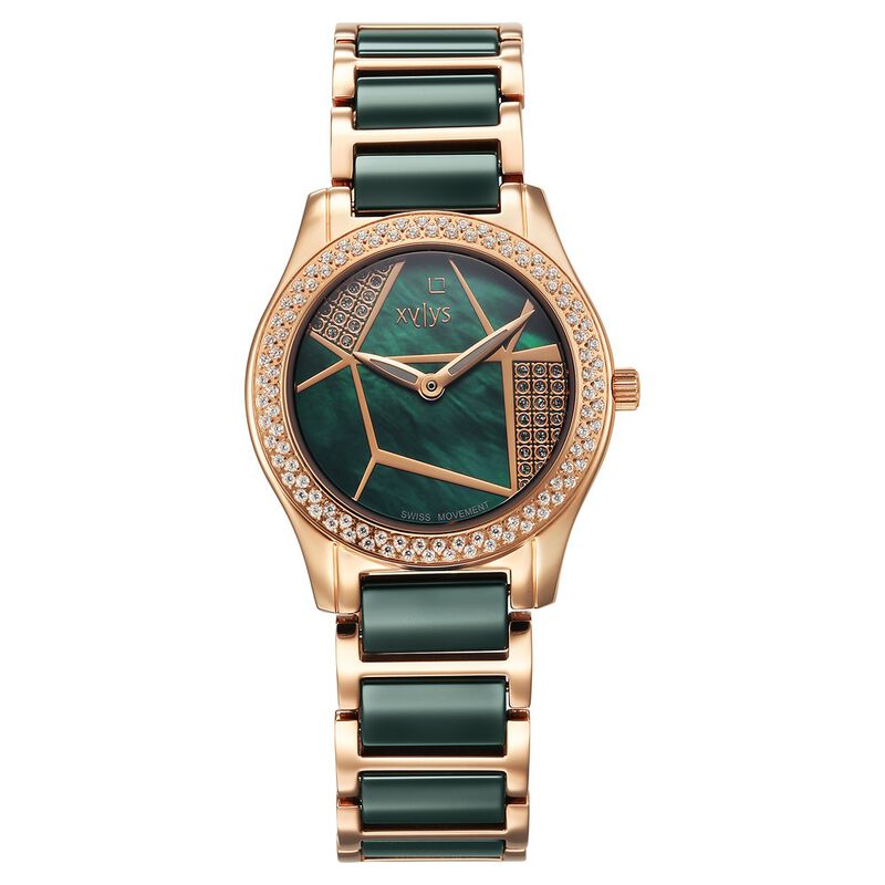 Xylys Shimmer Swiss Aanlog Steel & Ceramic Mother of Pearl Green Dial Watch for Women