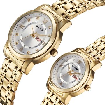 Sonata Perfect Pairs Quartz Analog Silver Dial Golden Metal Strap Watch For Couple