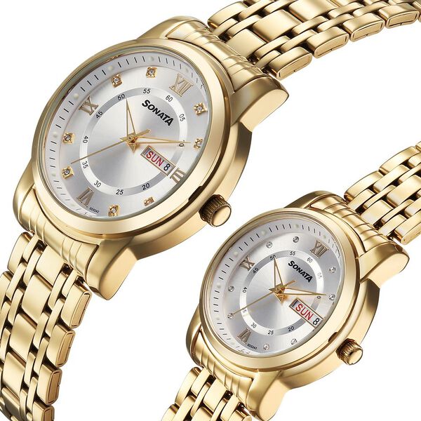 Sonata Perfect Pairs Quartz Analog Silver Dial Golden Metal Strap Watch For Couple - image number 2