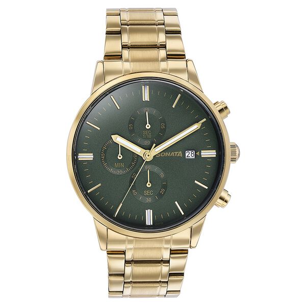 Sonata Quartz Multifunction Green Dial Golden Stainless Steel Strap Watch For Men - image number 1