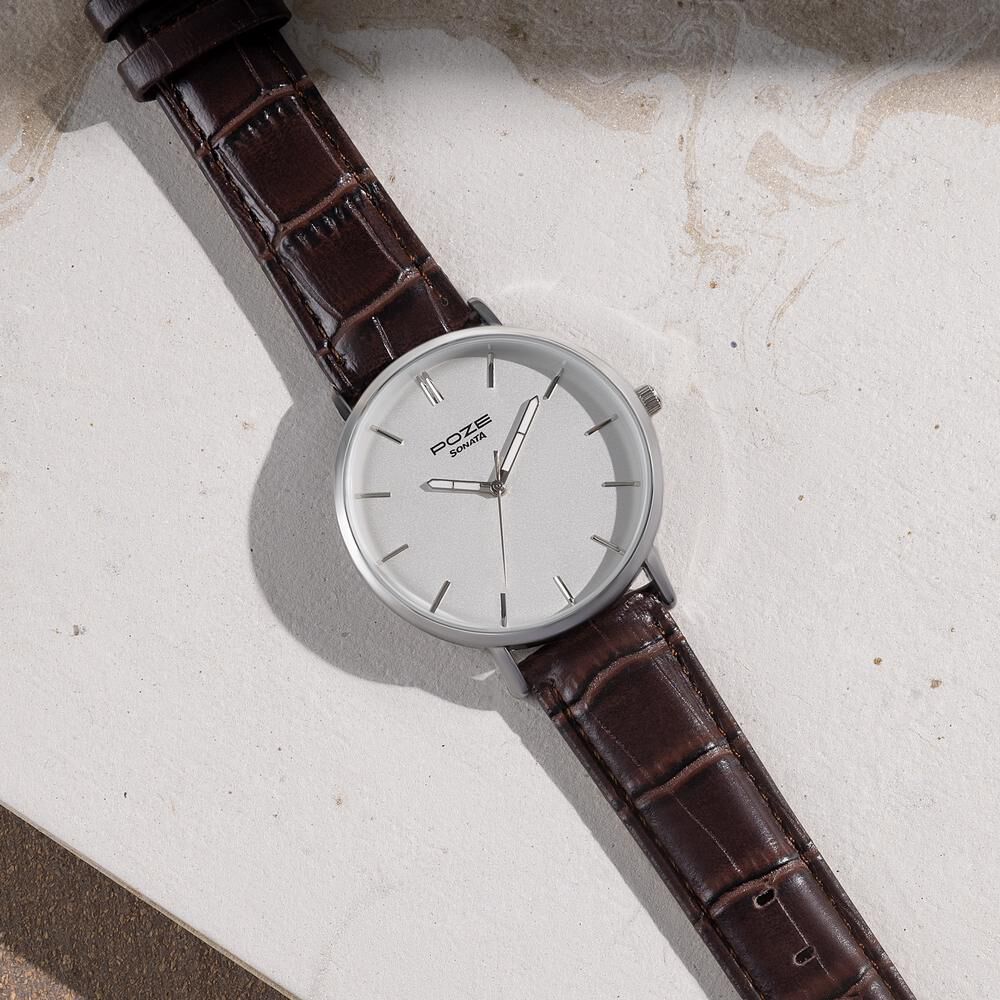 Buy Online Sonata Poze Quartz Analog Silver Dial Brown Leather