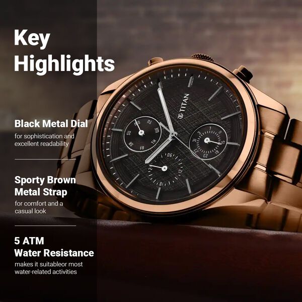 Titan Neo Splash Quartz Multifunction Black Dial Stainless Steel Strap Watch for Men - image number 2