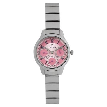 Titan Quartz Multifunction Pink Dial Stainless Steel Strap Watch for Women