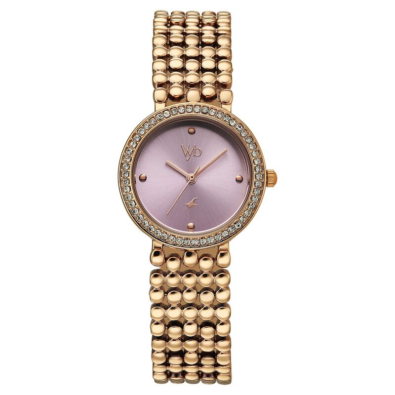 Vyb Iconique By Fastrack Quartz Analog Purple Dial Rose Gold Metal Strap Watch For Girls