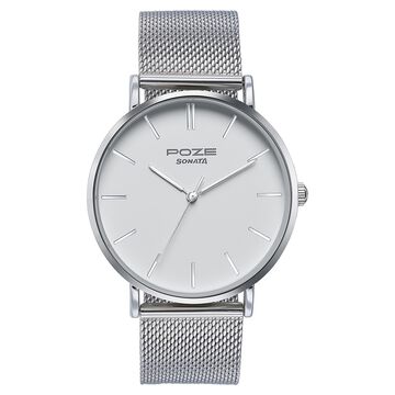 Sonata Poze Quartz Analog White Dial Silver Metal Strap Watch For Men