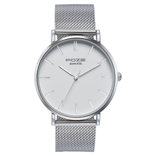 Sonata Poze Quartz Analog White Dial Silver Metal Strap Watch For Men - image number 1