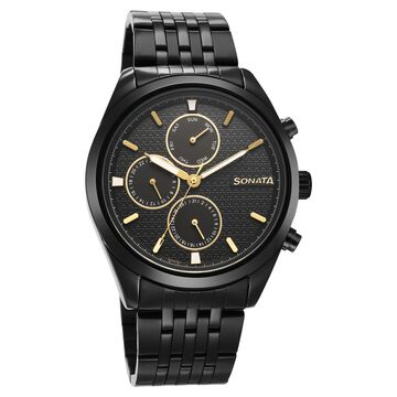 Sonata Magna Quartz Multifunction Black Dial Black Stainless Steel Strap Watch For Men
