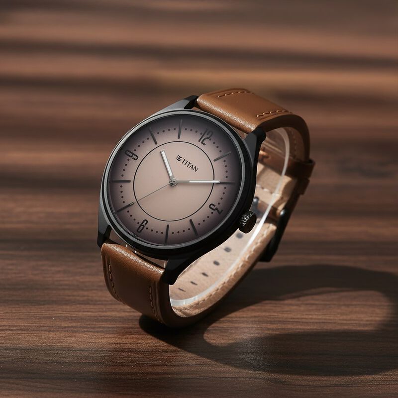 Titan Neo Basics Analog with Beige Dial Brown Leather Strap Watch for Men