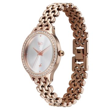 Vyb Spotlight By Fastrack Quartz Analog Silver Dial Rose Gold Metal Strap Watch For Girls
