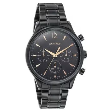 Sonata Wedding Edit Quartz Multifunction Black Dial Stainless Steel Strap Watch For Men