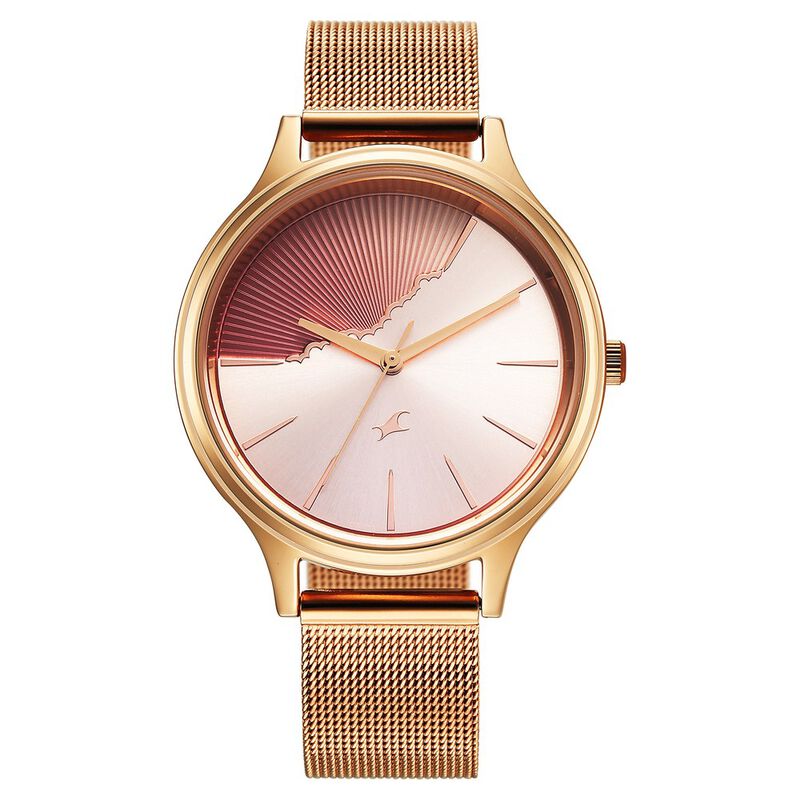 Fastrack Style Up Quartz Analog Pink Dial Rose Gold Colour Stainless Steel Strap Watch For Girls