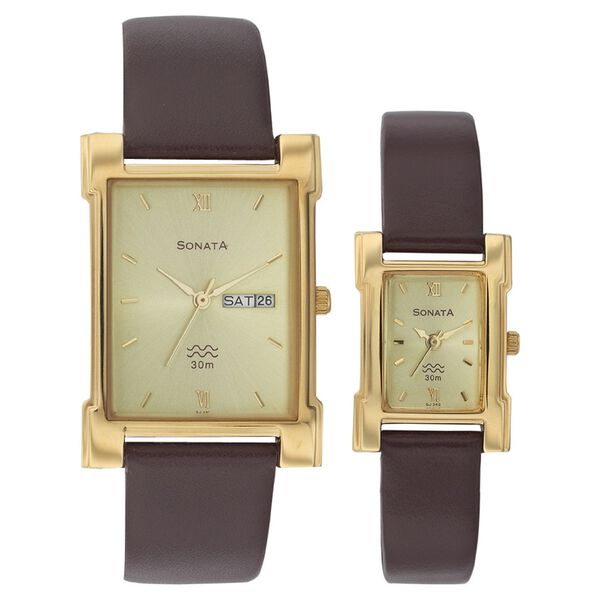 Sonata Quartz Analog Champagne Dial Strap Watch for Couple - image number 0