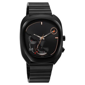 Fastrack UFO Quartz Multifunction Black Dial Black Stainless Steel Strap Watch For Guys