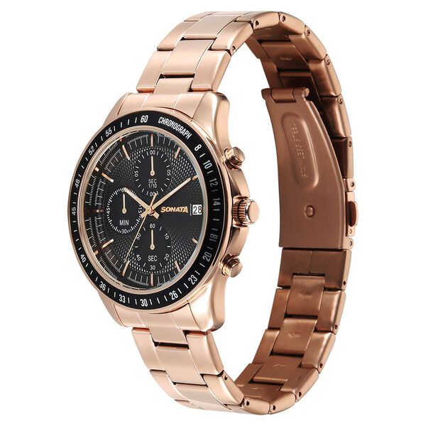 Sonata Chronos Quartz Analog with Date Black Dial Rose Gold Colour Stainless Steel Strap Watch For Men - image number 2