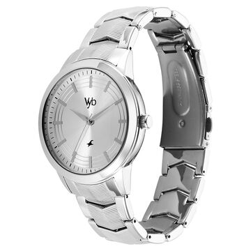 Fastrack Vyb Atlas Quartz Analog Silver Dial Silver Metal Strap Watch For Guys