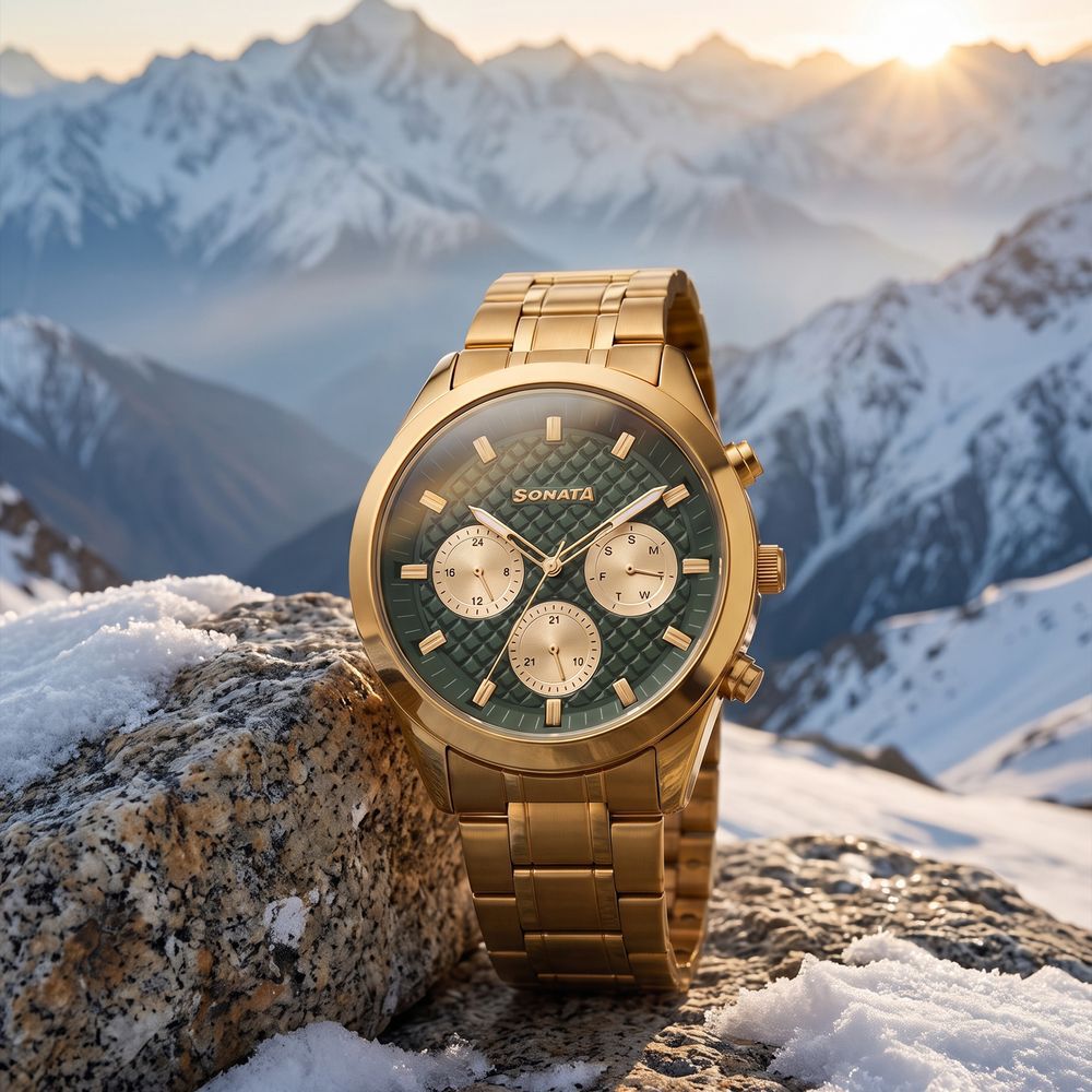 Sonata Summit Quartz Multifunction Green Dial Golden Metal Strap Watch For Men-image-46